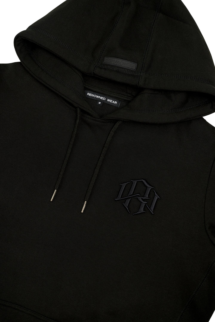 Detail of Renowned Wear 3D Motif Logo Premium Heavyweight Pre-Shrunk Hoodie in Black