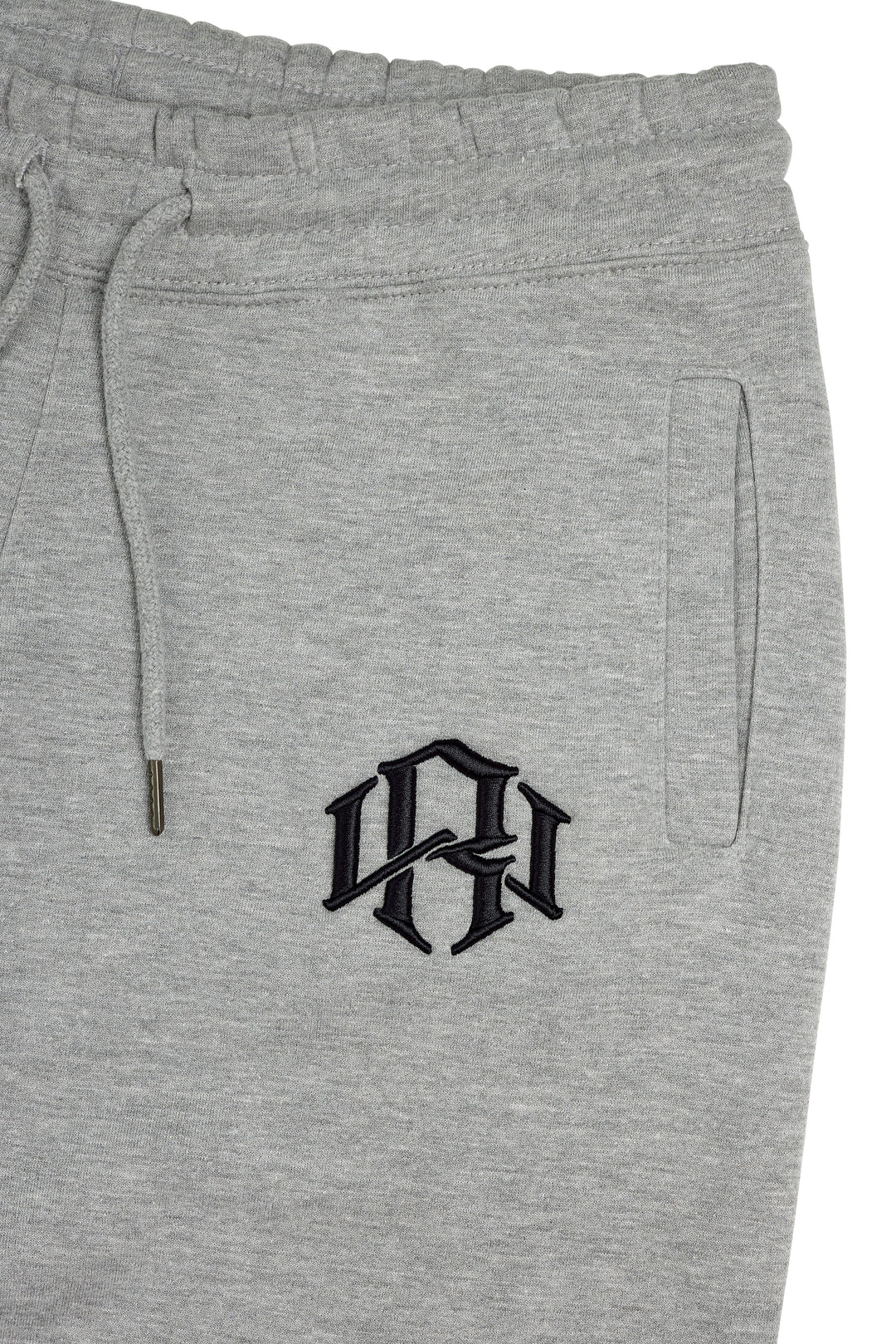 Premium Heather Grey 400gsm Heavyweight Sweatpants close up 3D Embroidery detail.