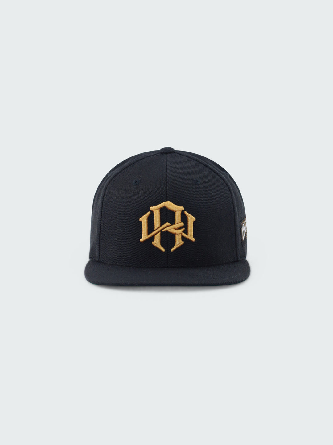 Black Snapback Cap by RENOWNED WEAR featuring a Gold 3D Embroidered front log