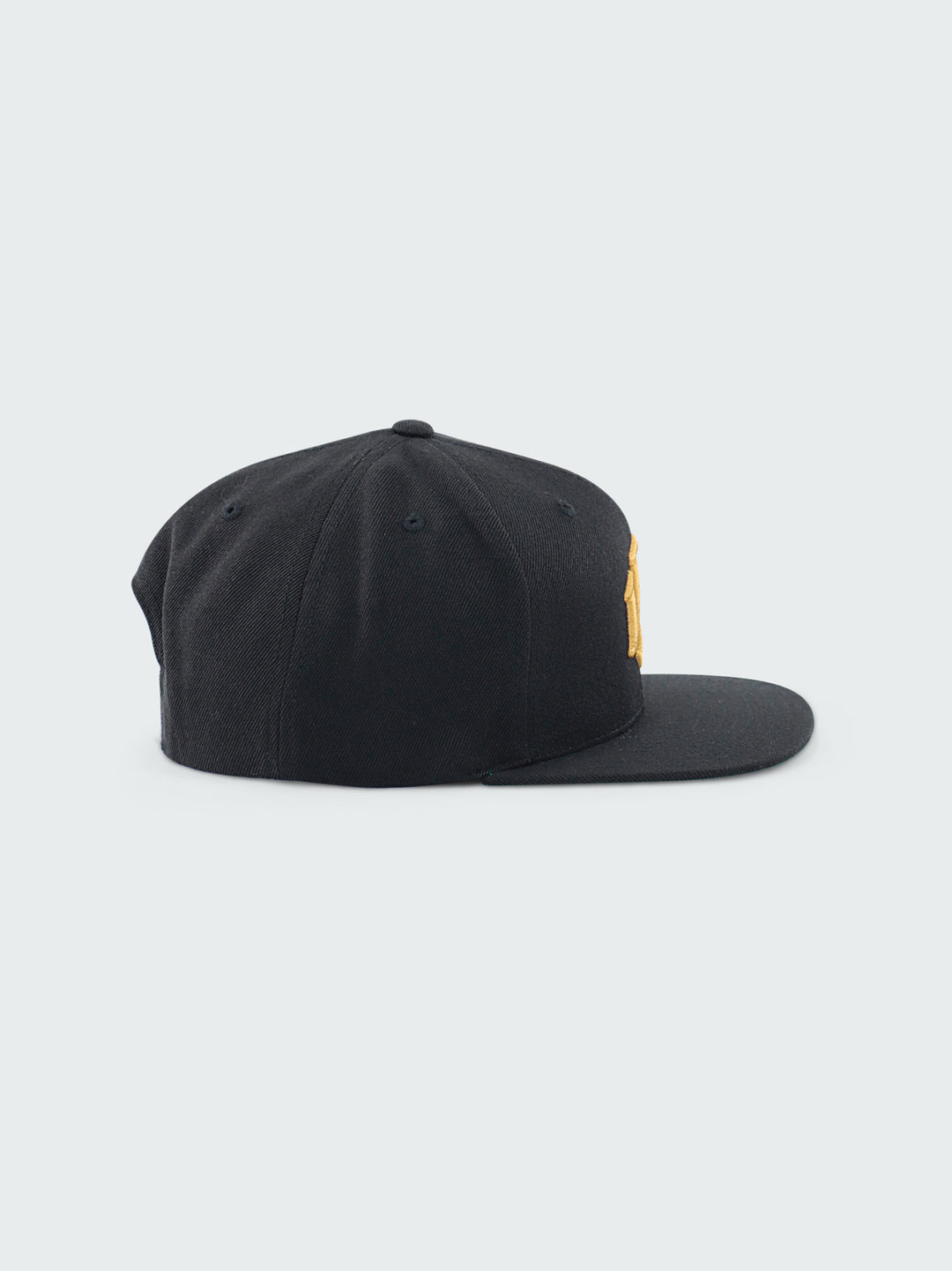 Black Snapback Cap by RENOWNED WEAR featuring a Gold 3D Embroidered front logo