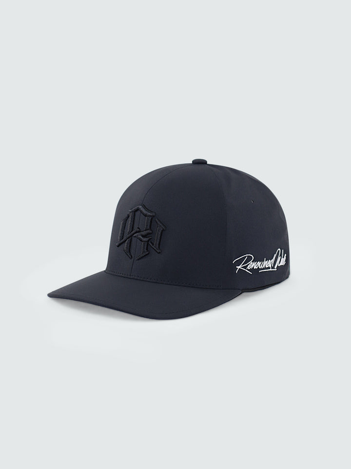 6 panel Black Cap by RENOWNED WEAR with front Black logo 3D Embroidery and side signature