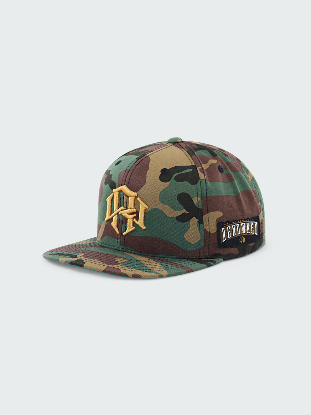 Camo Snapback Cap by RENOWNED WEAR featuring a Gold 3D Embroidered front logo left side woven patch