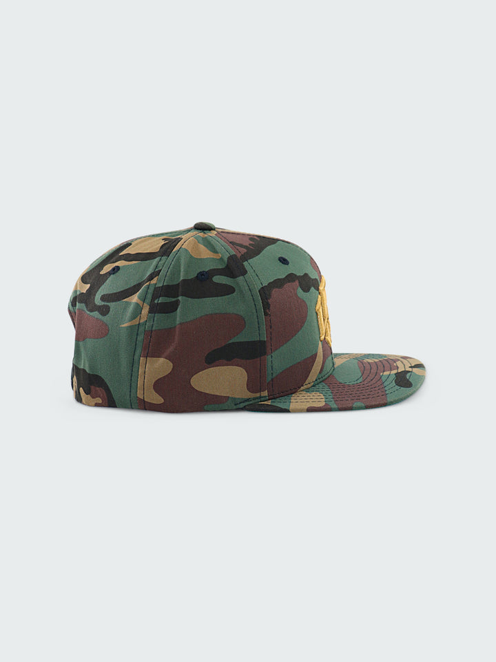 Camo Snapback Cap by RENOWNED WEAR with Gold 3D Embroidered front logo left side woven damask patch