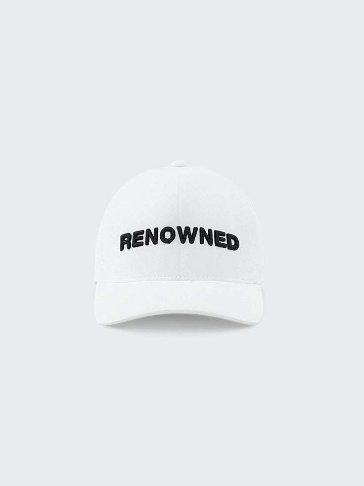 6 panel White Cap by RENOWNED WEAR with front Black Lettering 3D Embroidery