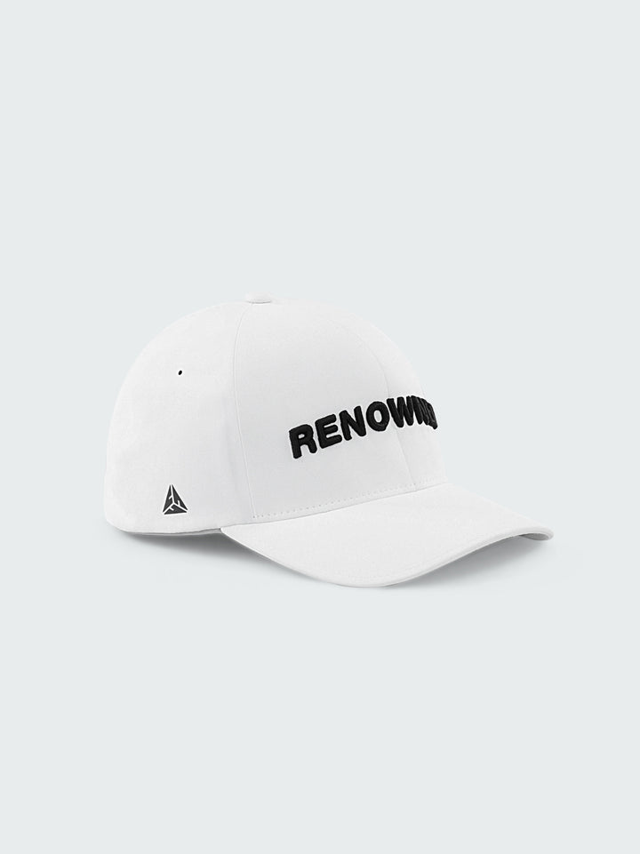 6 panel White Cap by RENOWNED WEAR with front Black Lettering 3D Embroidery
